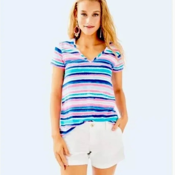 Lilly Pulitzer NWT Etta V-Neck Top Sandy Shell Stripe $44 Size XXS - Picture 1 of 7